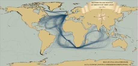 Historisk karta över transatlantiska handelsrutter mellan Europa, Afrika och Amerika